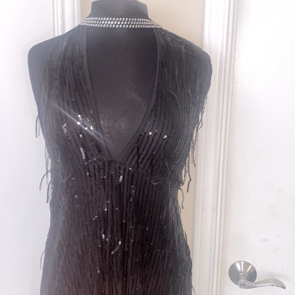 Porrcey NWOT maxi black halter back shimmering sequin mesh V neck gown sz xL - Picture 3 of 9